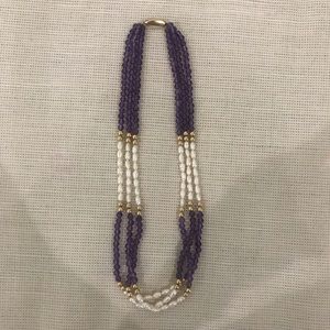 Vintage 14K Gold Amethyst Pearl 3 Strand Necklace